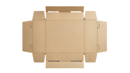 An unfolded, flat cardboard box, ready for assembly. This image is perfect for illustrating packaging and shipping concepts.  transparent background