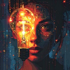 Woman's face merged with a lit lightbulb, circuit boards, and digital code, in a painterly, textured style