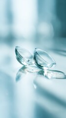 Two clear contact lenses rest on a glossy surface, illuminated by soft light. The macro image highlights their delicate design and vision correction purpose.