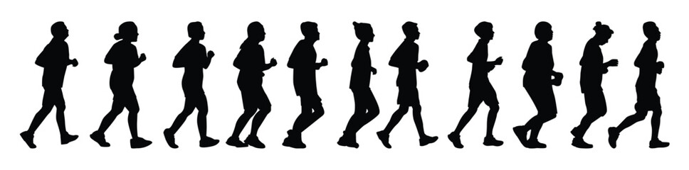 People Running Silhouettes Vector, Black color man and women exercise on white background © Wadasn