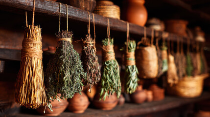 Rustic bunches of herbs hang drying in a traditional kitchen setting. Aromatic bundles add a touch of vintage charm to this cozy, wooden interior.