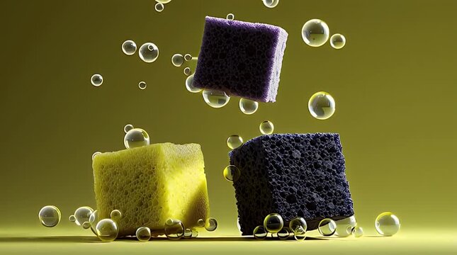 Floating sponges and bubbles on yellow-green three sponges with porous texture surrounded by many floating clear spheres