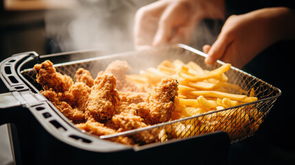 Steaming hot fried chicken and golden fries fresh from an air fryer basket. Crispy, delicious comfort food perfect for any meal or fast food craving.