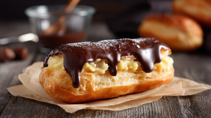 A freshly baked eclair is topped with glossy chocolate glaze and filled with creamy custard. This decadent pastry is a classic treat for any dessert lover.