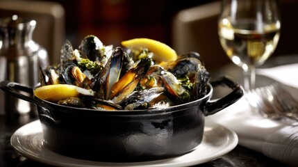 A steaming black pot brims with freshly cooked mussels and lemon wedges. Gourmet seafood cuisine is elegantly served in a restaurant setting, exuding fine dining appeal.