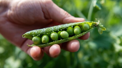 A close-up of a vibrant green pea pod being held in a hand. Freshly harvested peas glisten inside the opened pod, highlighting organic garden bounty.
