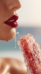 A closeup of glossy red lips with a melting ice popsicle, droplets glistening in the summer sunlight. Sensual and refreshing, the image captures temptation and desire.