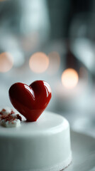 A glossy red heart sits atop a smooth white cake, perfect for romantic celebrations. Elegant bokeh lights create a dreamy, intimate dessert scene.