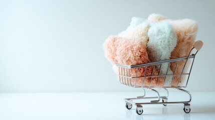 A miniature shopping cart filled with fluffy pastel pillows creates a cozy, inviting scene. Soft textures and gentle colors evoke comfort and modern home decor.