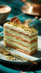 A slice of pistachio millefeuille pastry sits on a plate, layered with creamy filling and crispy puff pastry. Delicate nuts and elegant toppings adorn this gourmet dessert.