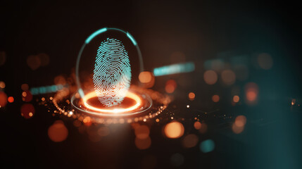 A glowing digital fingerprint hovers in a futuristic interface. This concept image represents biometric authentication, cybersecurity, and digital identity protection.