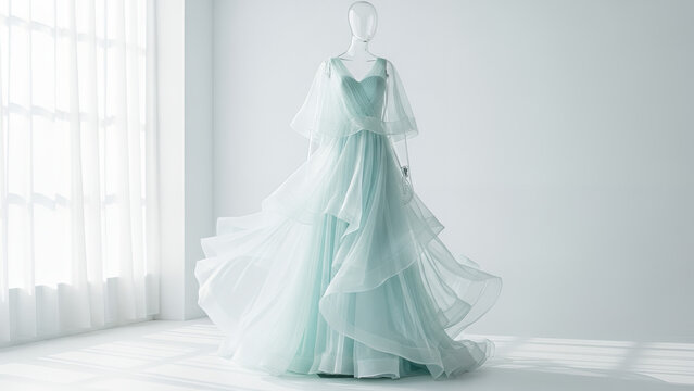 Ice blue wedding dress elegantly displayed on a mannequin with flowing chiffon fabric