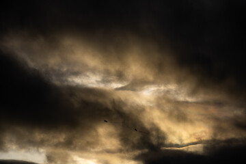 Two kites flying high against storm-laden clouds in dramatic atmospheric conditions