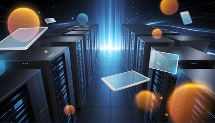 Futuristic data center with floating computer chips and servers