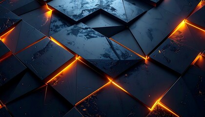 Dark triangular tiles in zigzag pattern with glowing orange edges and sparks, futuristic high-tech texture
