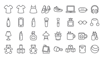 Collection of simple outline icons representing everyday objects clothing and accessories perfect for web design apps and infographics