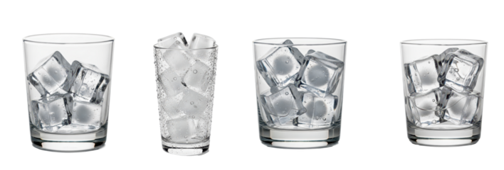 Ice cubes in glass collection isolated on transparent background