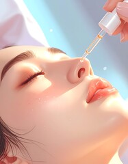 Woman's face with closed eyes as serum is applied with a dropper, close-up