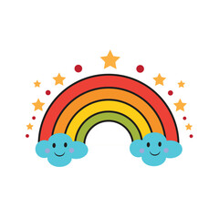 Cute Smiling Rainbow with Happy Clouds and Stars