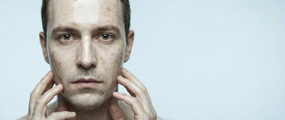 Man with cracked skin texture, touching face, concept of aging, dryness, or skin condition
