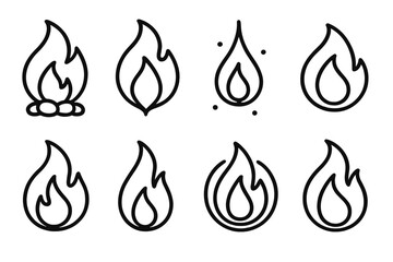 Fire Icon Set. Persistent Fire set in outline vector style : steady flame, glowing ember, protective spark, warm aura, flickering tip, radiant droplet, soft halo, continuous glow