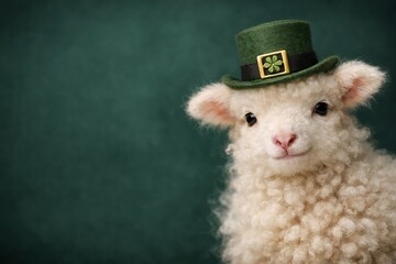 St . Patrick's Day lamb wearing leprechaun hat, soft studio portrait with copy space for greeting card