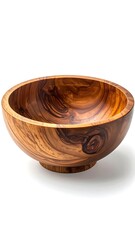 Wooden bowl exhibits swirled grain patterns, showing rich brown and tan hues, standing against a white backdrop
