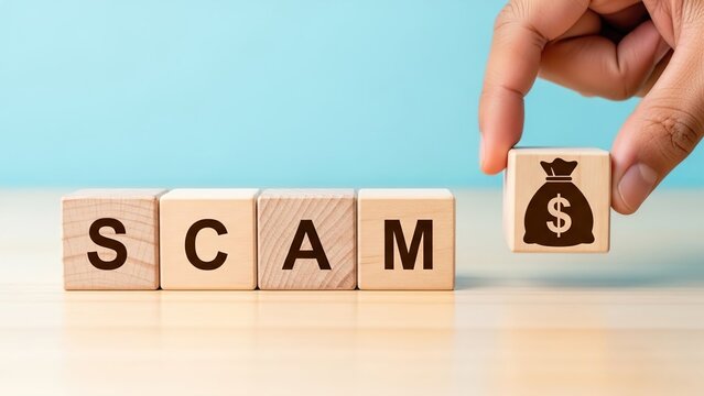 Hand placing a money bag block next to 'SCAM' blocks, symbolizing financial fraud and deception.