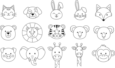 Wandcirkels Dierentuin Set of hand drawn cute animal face icons featuring lion tiger elephant giraffe and more in black line art.  © MstLinaAkter