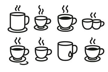 Cozy Beverage Icons. Leisure Sipping set in outline vector style : latte mug, tea cup, steaming beverage, shared mug, soft glow, coaster mark, cup handle, warm droplet
