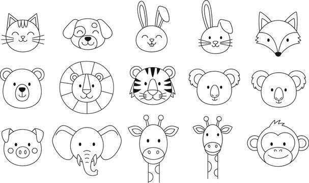 Set of hand drawn cute animal face icons featuring lion tiger elephant giraffe and more in black line art.