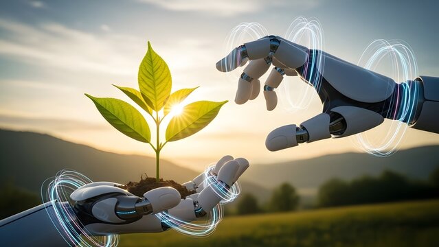 Robotic hands holding a green plant sprout at sunset. Future technology and sustainable environment. AI machine hands protecting a seedling with digital light rings