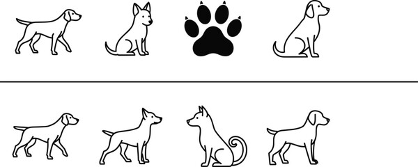 Set of simple dog icons and silhouettes in black line art featuring various breeds and a paw print. © MstLinaAkter