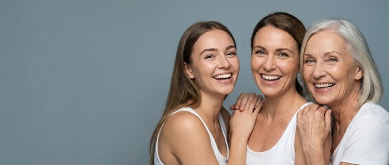 Three women of different ages smiling and laughing together Multigenerational female friendship and family bond Concept of joy, happiness, and connection