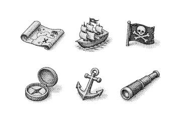 Vintage pirate adventure icons set featuring ship, map, and treasure symbols in halftone style