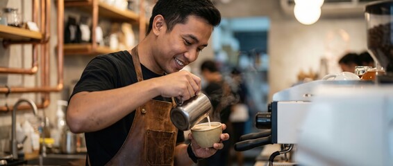 Asian man barista pouring latte art in coffee shop Young adult male preparing espresso drink with steam Concept of cafe, hospitality, and small business