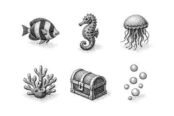 Black and white stippled sea creatures and treasure chest © LOBSTER LARRY