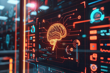 A computer monitor shows a brain with a red outline
