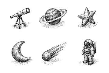 Retro space exploration: dotwork telescope, planets, stars, and astronaut design set