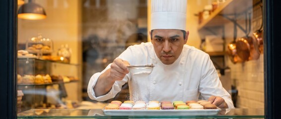 Chef dusting macarons with powdered sugar in bakery display window Professional baker preparing pastries, artisanal food, and sweet treats