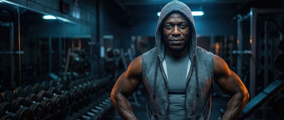 Senior Black man in gym, wearing hoodie, looking determined Fitness, strength, and healthy lifestyle concept