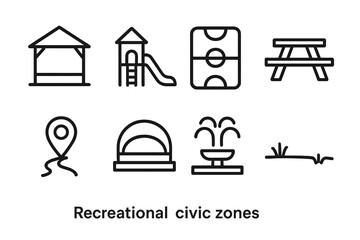 Civic Zone Icons. Recreational Civic Zones set in outline vector style: park pavilion, playground icon, sports field outline, picnic table, walking path marker,