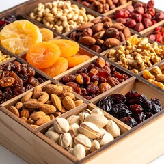 Wooden box organized with dried fruits and nuts in sections, shot from above in clear bright light