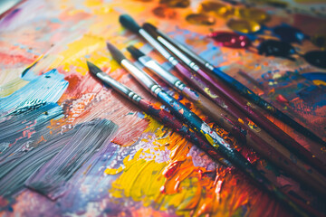 A set of paintbrushes are on a table with paint