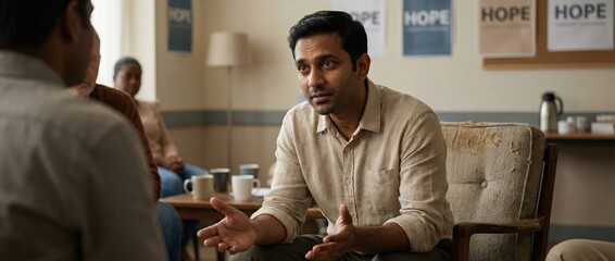 Indian man leading support group discussion, sharing thoughts with diverse people Concept of community, mental health, and hope