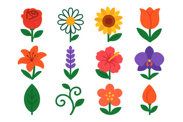 Vibrant Floral Icons. Floral Aura vector set in modern flat style : rose, daisy, sunflower, tulip, lily, lavender, hibiscus, orchid, leaf, vine, blossom, bud