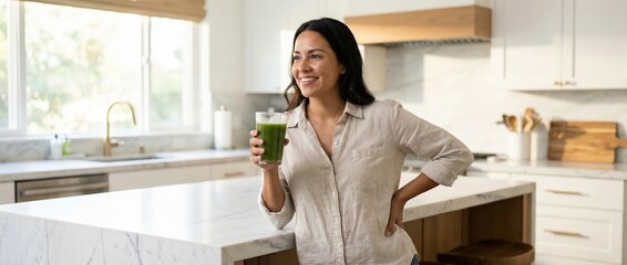 Woman drinking green smoothie in modern kitchen, healthy lifestyle, wellness, and nutrition concept