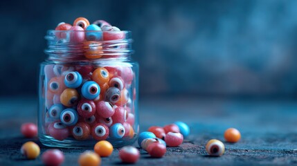 Colorful candy eyeballs in a glass jar on a dark background with scattered sweets with surreal and whimsical and fun and playful and treat and snack