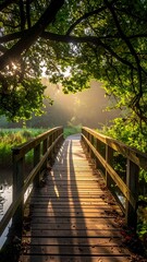Wooden bridge in misty forest, sunlit pathway. Natural light filters through trees onto the bridge