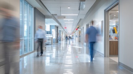 Main focus on hallway intersection with clear signage while blurred hospital employees and equipment create dynamic motion in otherwise pristine ambulatory center corridor.